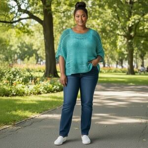 Chicos Open Knit Crochet Sweater Turquoise Blue Boxy Pullover Sz 0 S/M Workwear